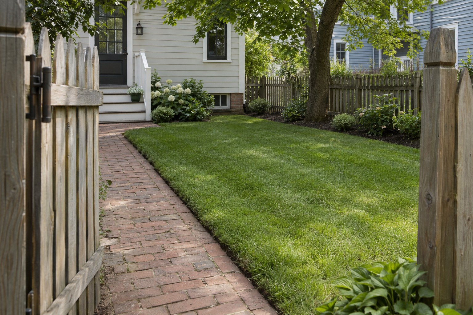 A small fenced back lawn seen through an open gate, freshly mowed and edged along a brick path