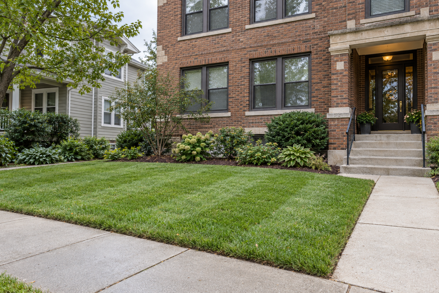 A freshly striped lawn and clean walk edge in front of a small brick apartment building
