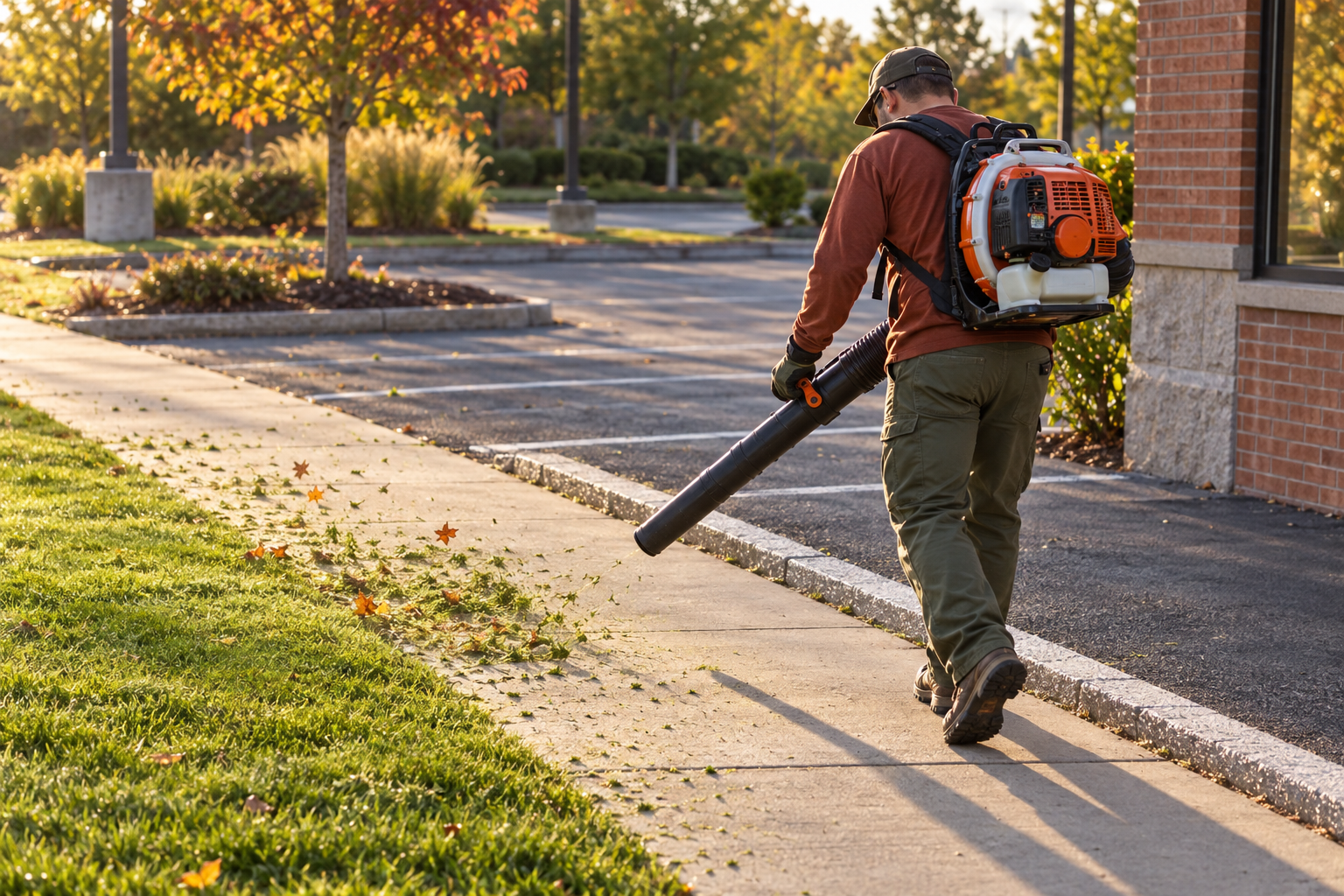 A backpack blower clearing clippings off a sidewalk beside a mowed strip by a parking lot
