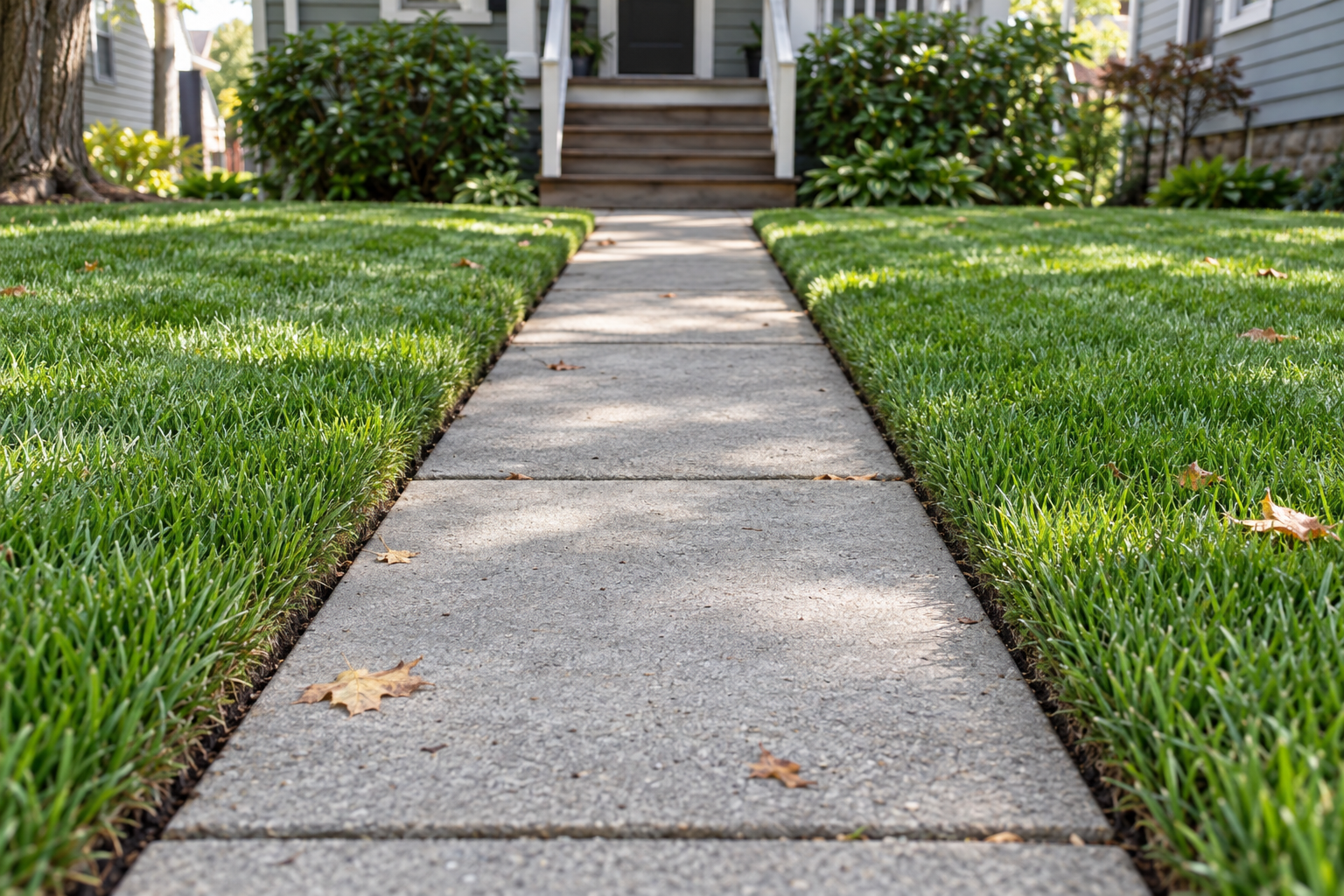 A concrete front walk with freshly edged lawn on both sides leading to porch steps