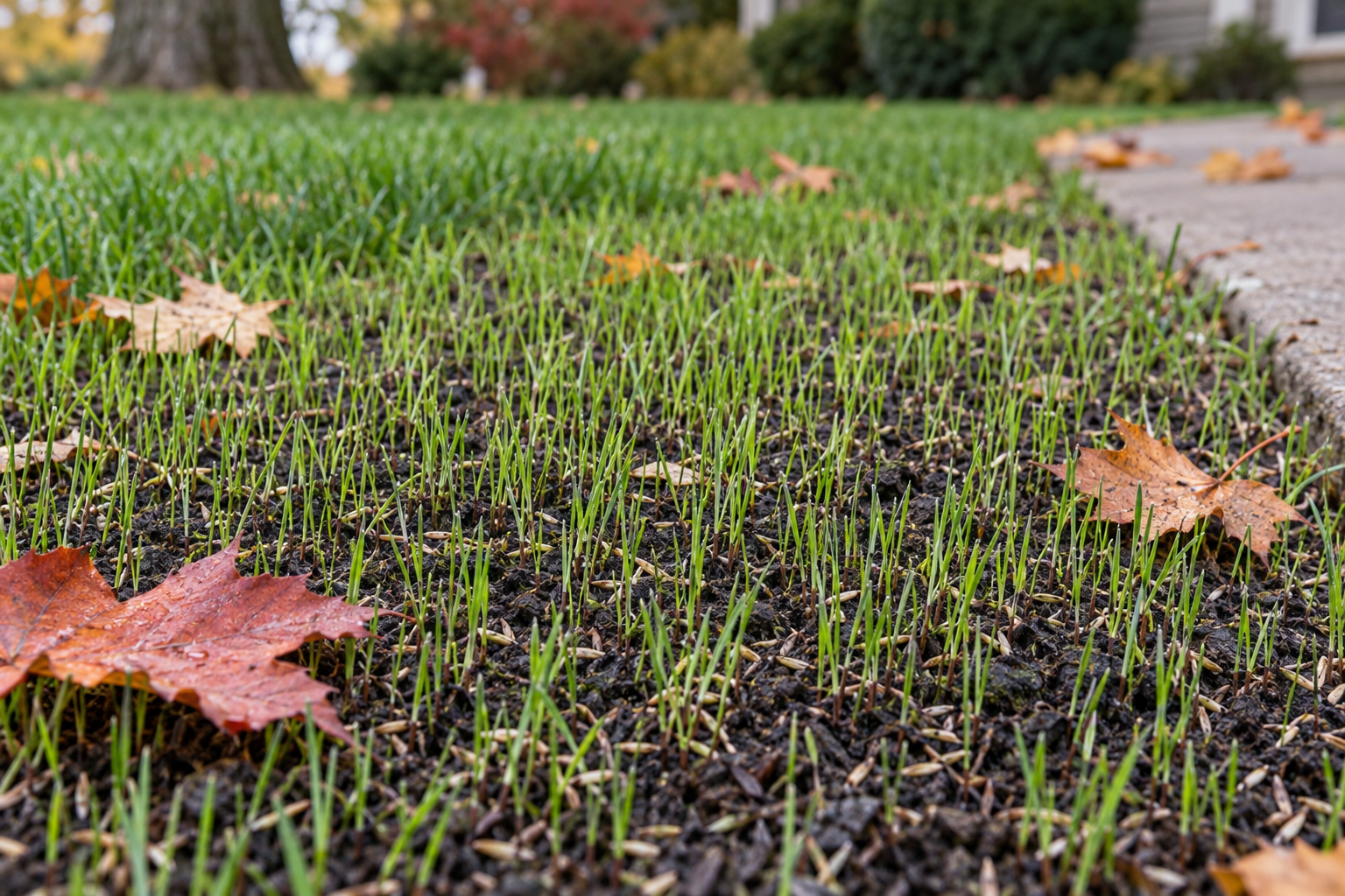 New grass seedlings filling in a cool season lawn in early fall