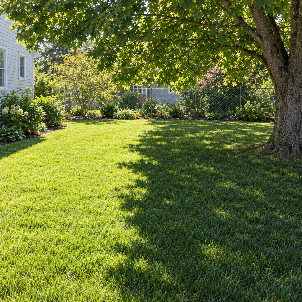 A back lawn half in full sun and half in the shade of a maple