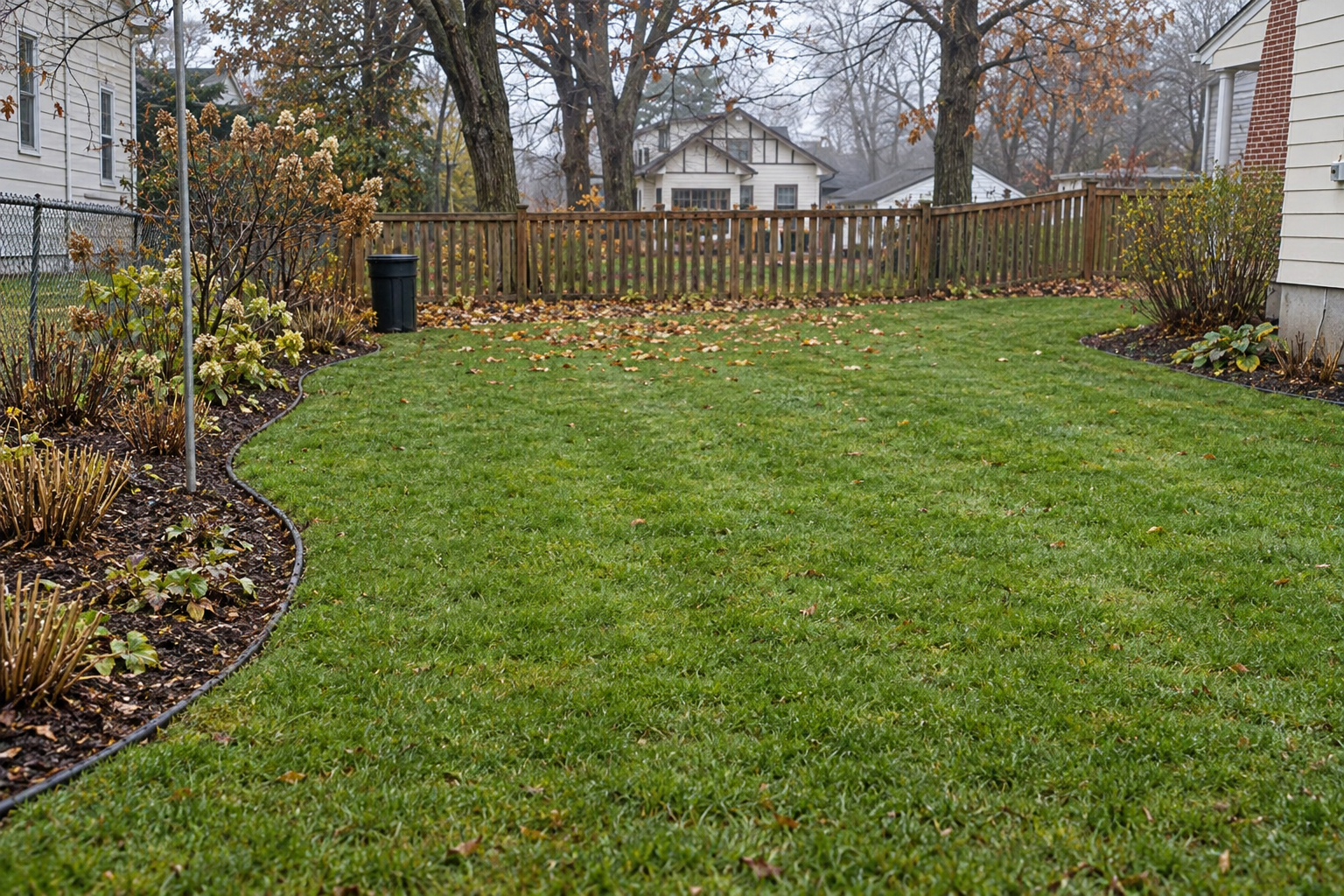 A small back yard in late fall with the leaves cleared off a green lawn and the beds cut back under bare trees