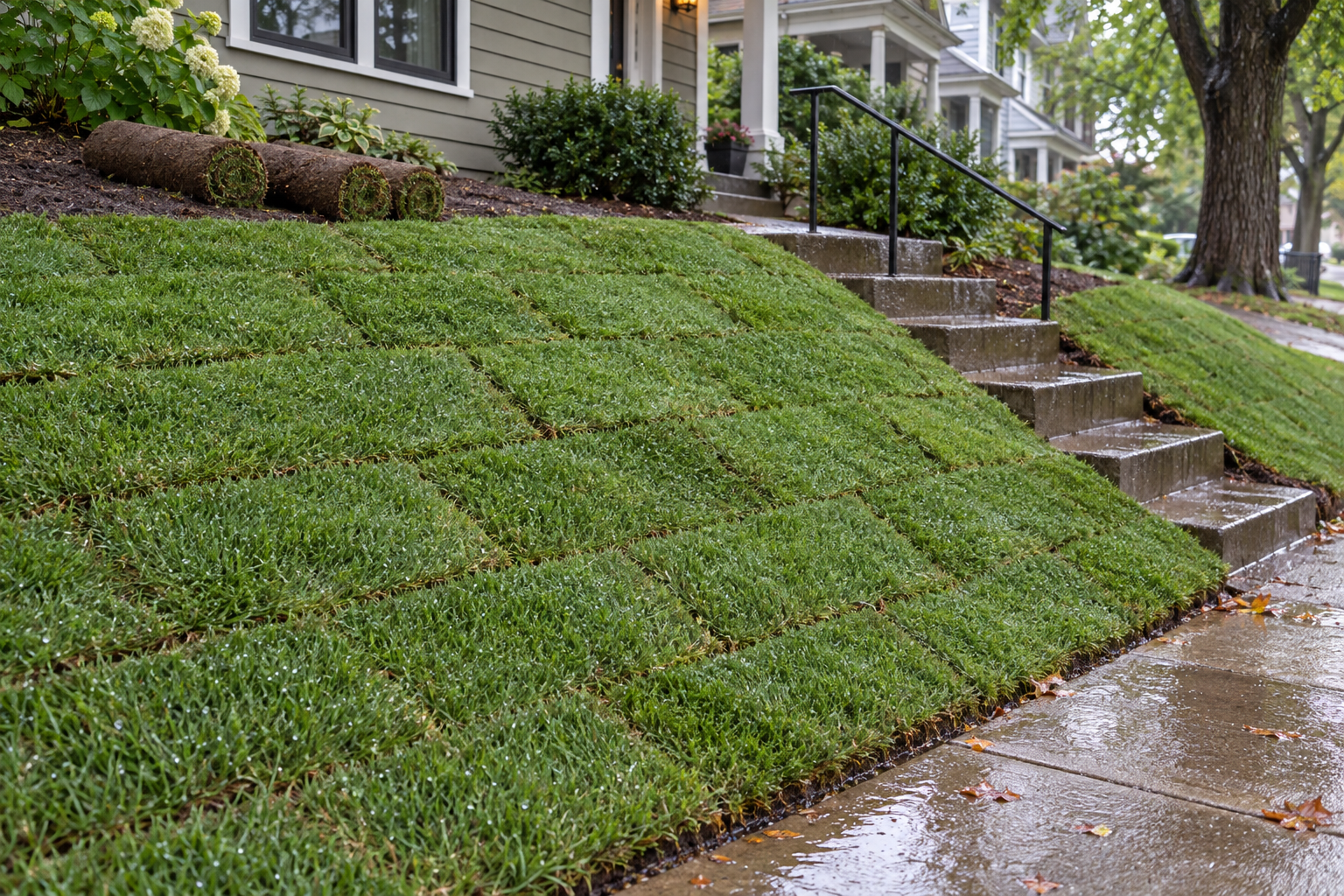 Fresh rolls of sod laid with tight seams across a small sloped front bank after rain