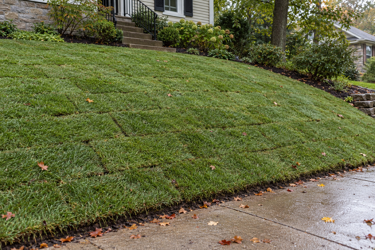 New sod laid in tight seams across a sloped front yard, wet after rain