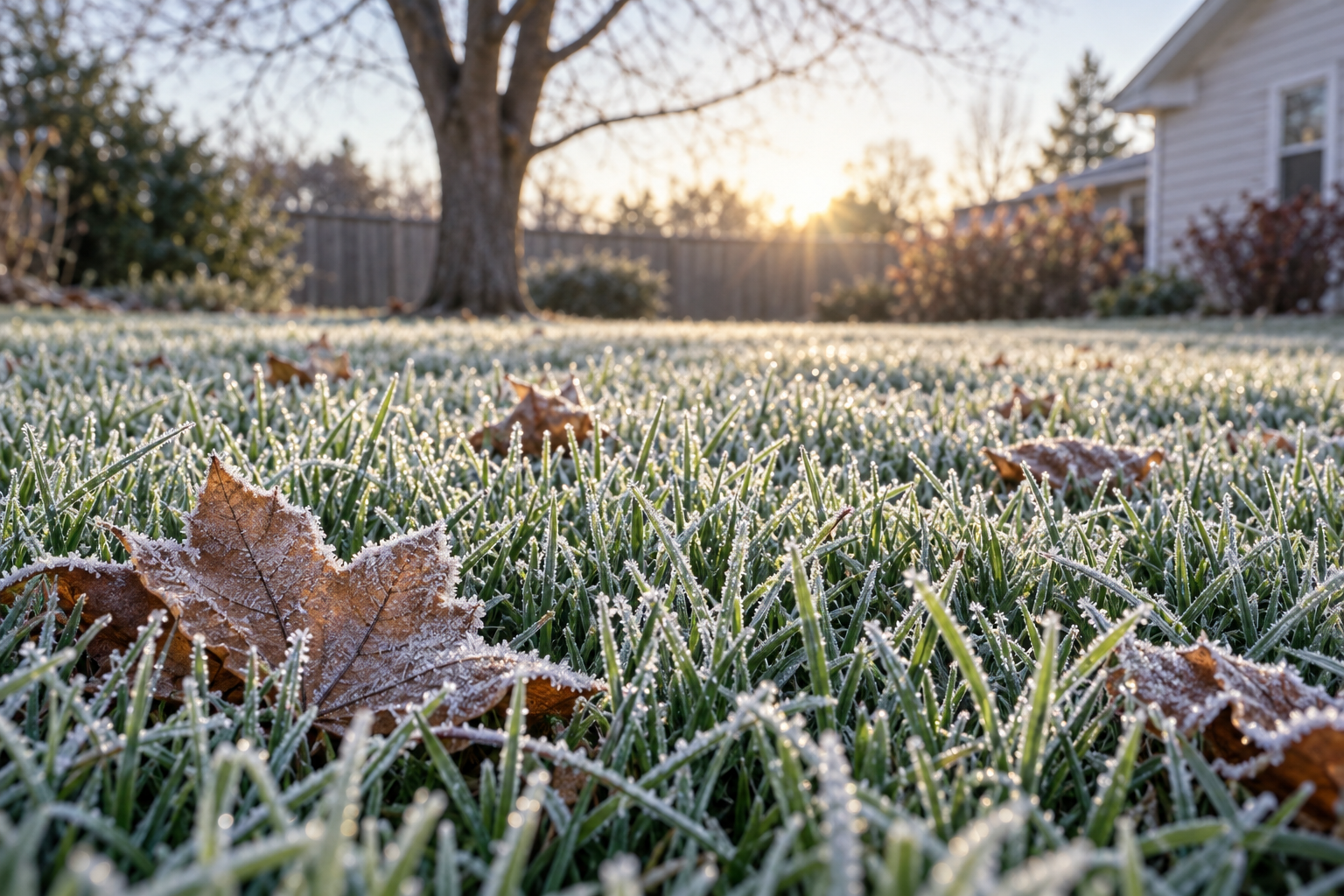 Frost on a short-mowed lawn on a late fall morning under a bare maple
