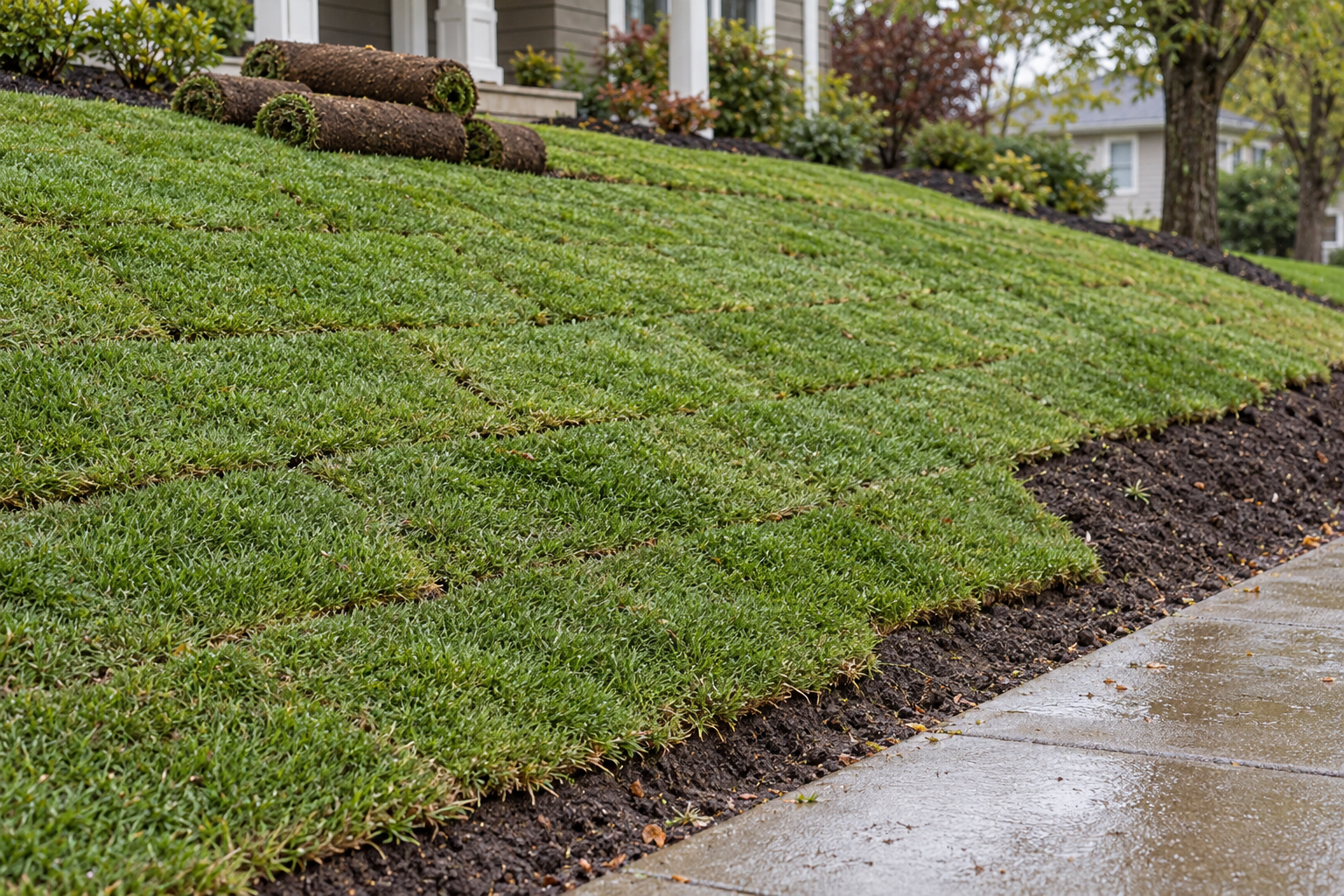 Fresh rolls of sod laid tight across a gently sloped front yard on a damp, overcast day