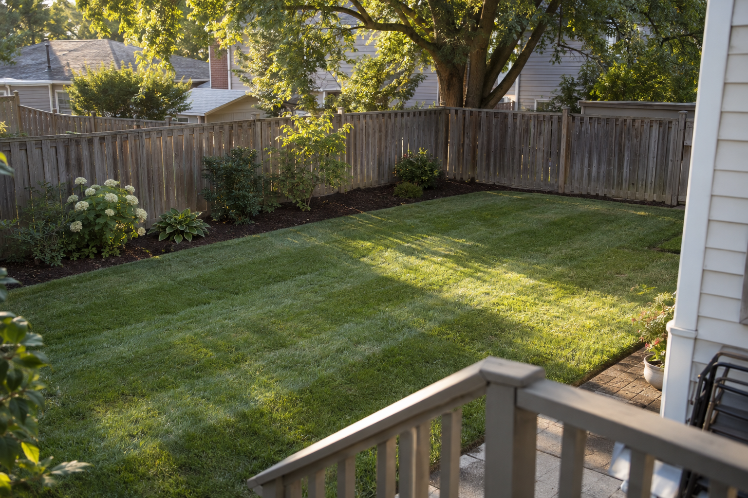 A small back lawn with fresh mowing stripes and an edged bed along a wooden fence, seen from a back porch in early sun