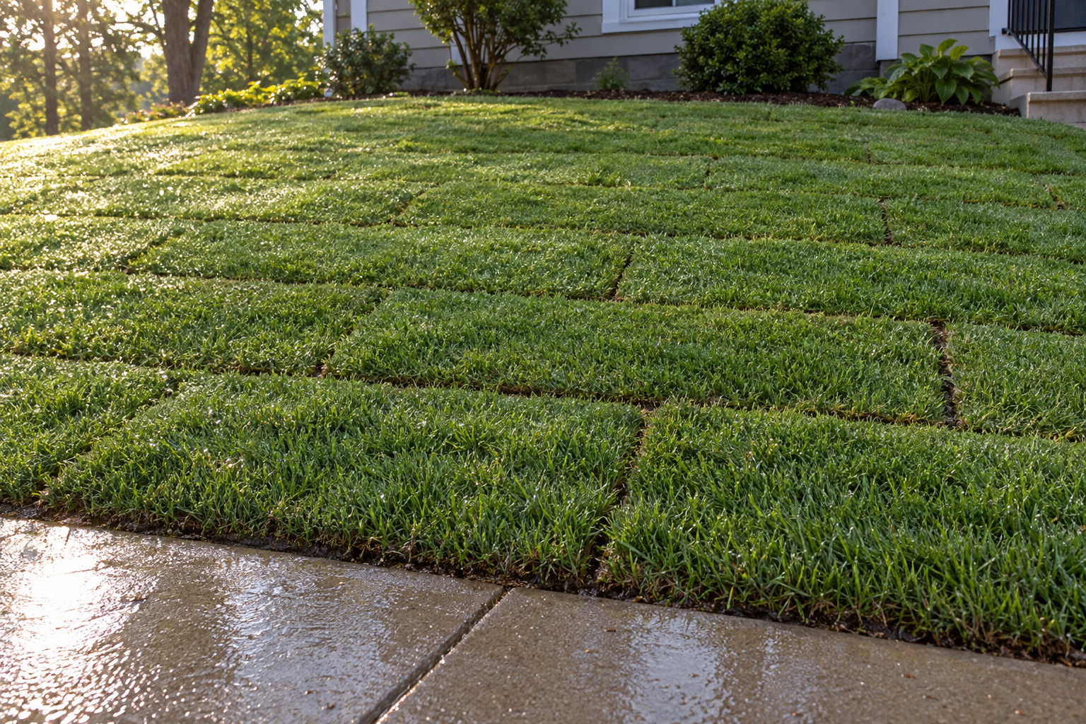 New sod laid in staggered rows on a gentle front slope, wet from a passing rain shower