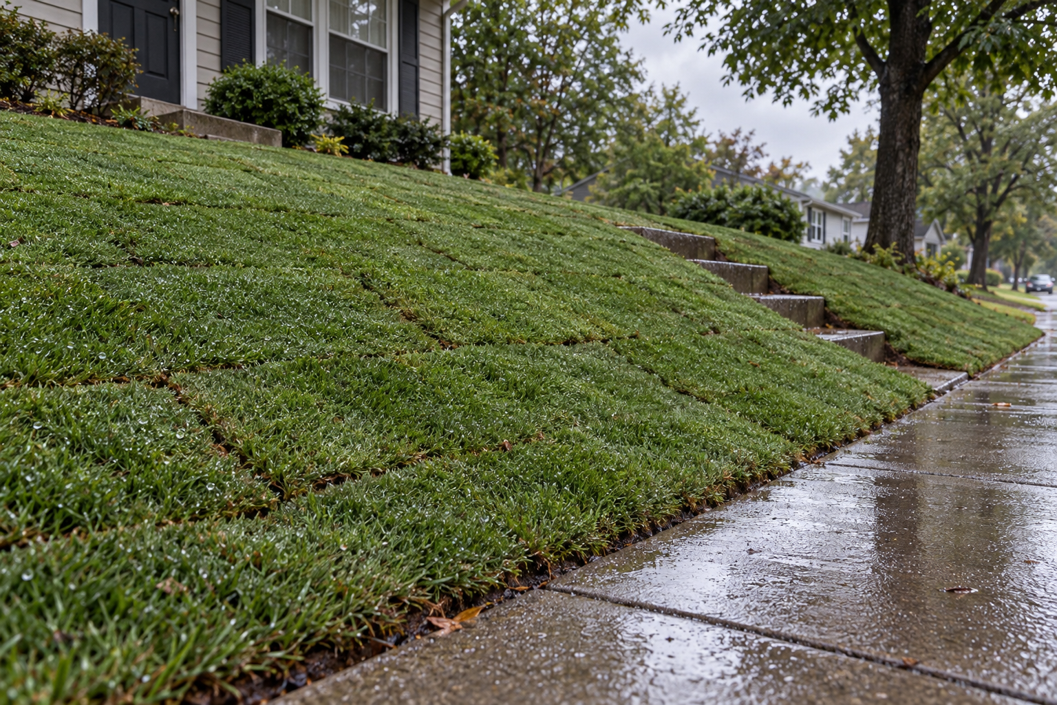 A sloped front bank of newly laid sod running down to a sidewalk, wet after rain