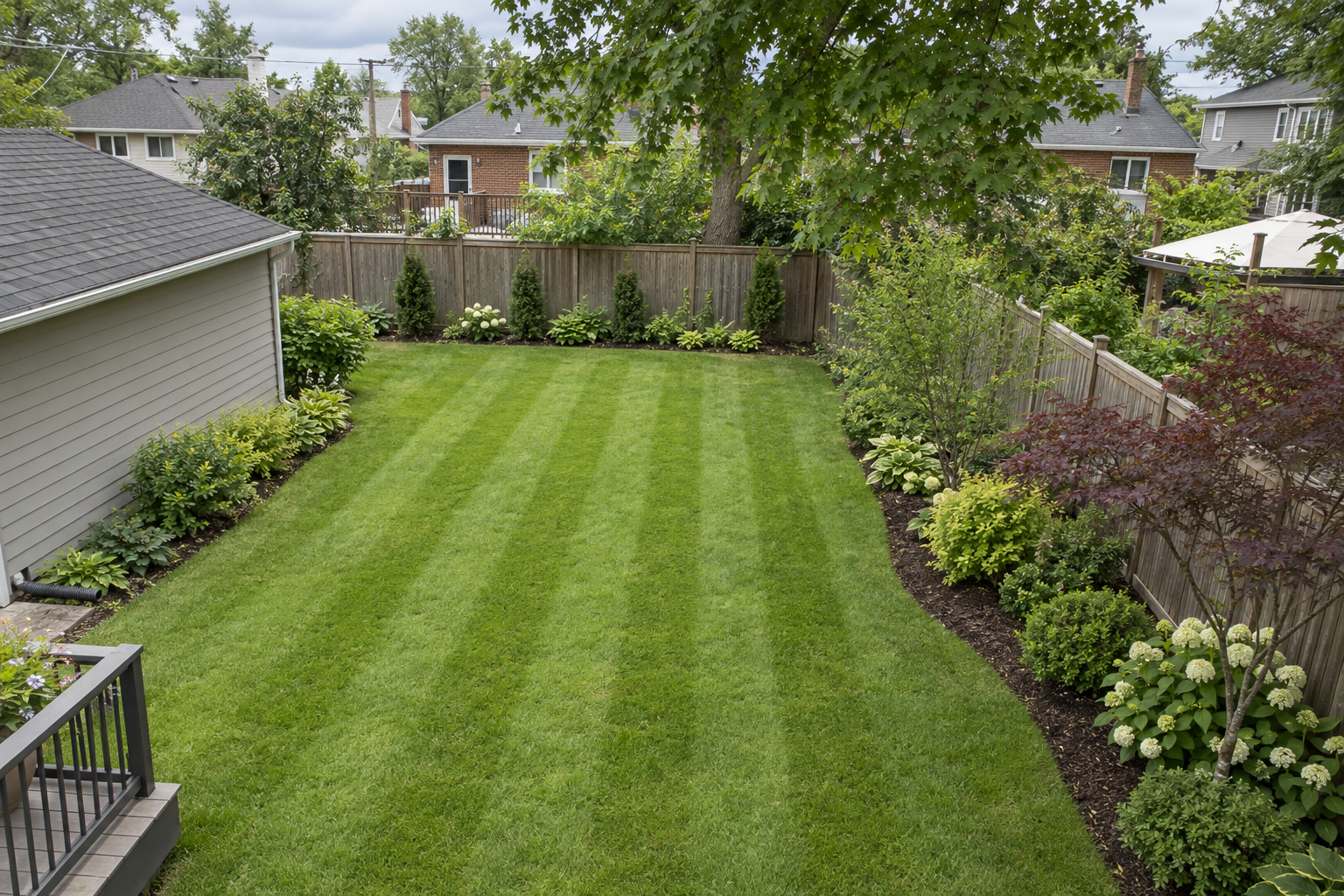 A striped back lawn with a mulched bed and a fence line, seen from above