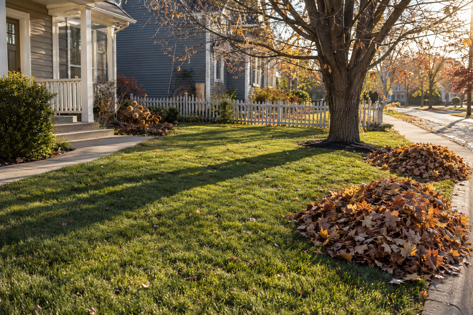 Low afternoon sun across a raked lawn with leaf piles under a bare maple