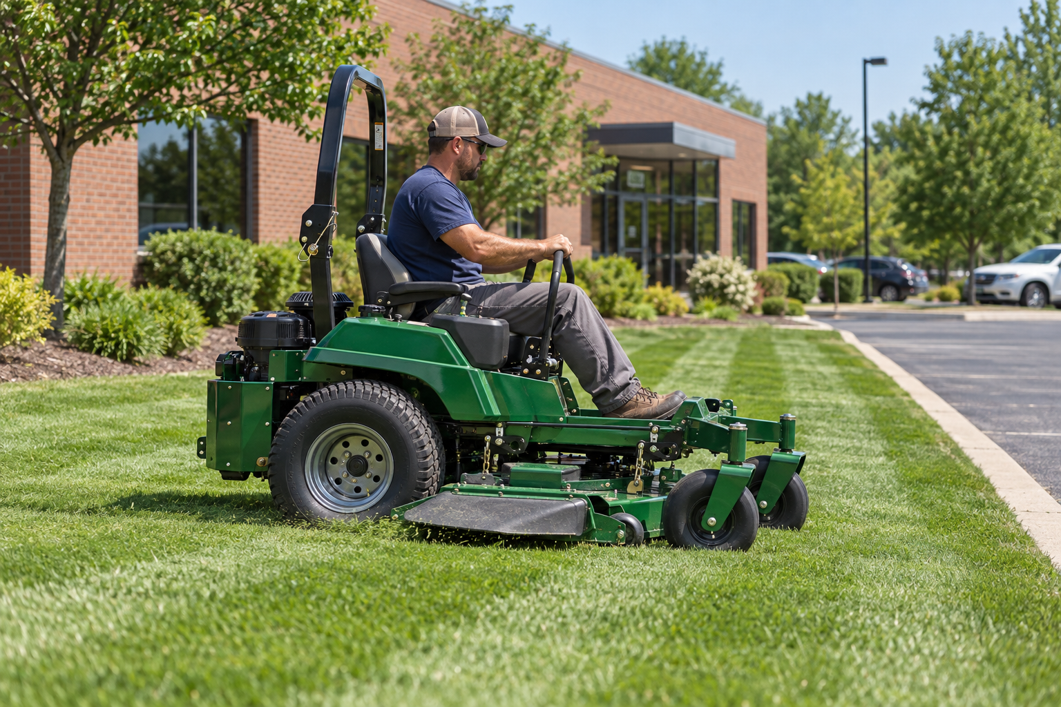 A zero-turn mower cutting the lawn beside a low brick office building
