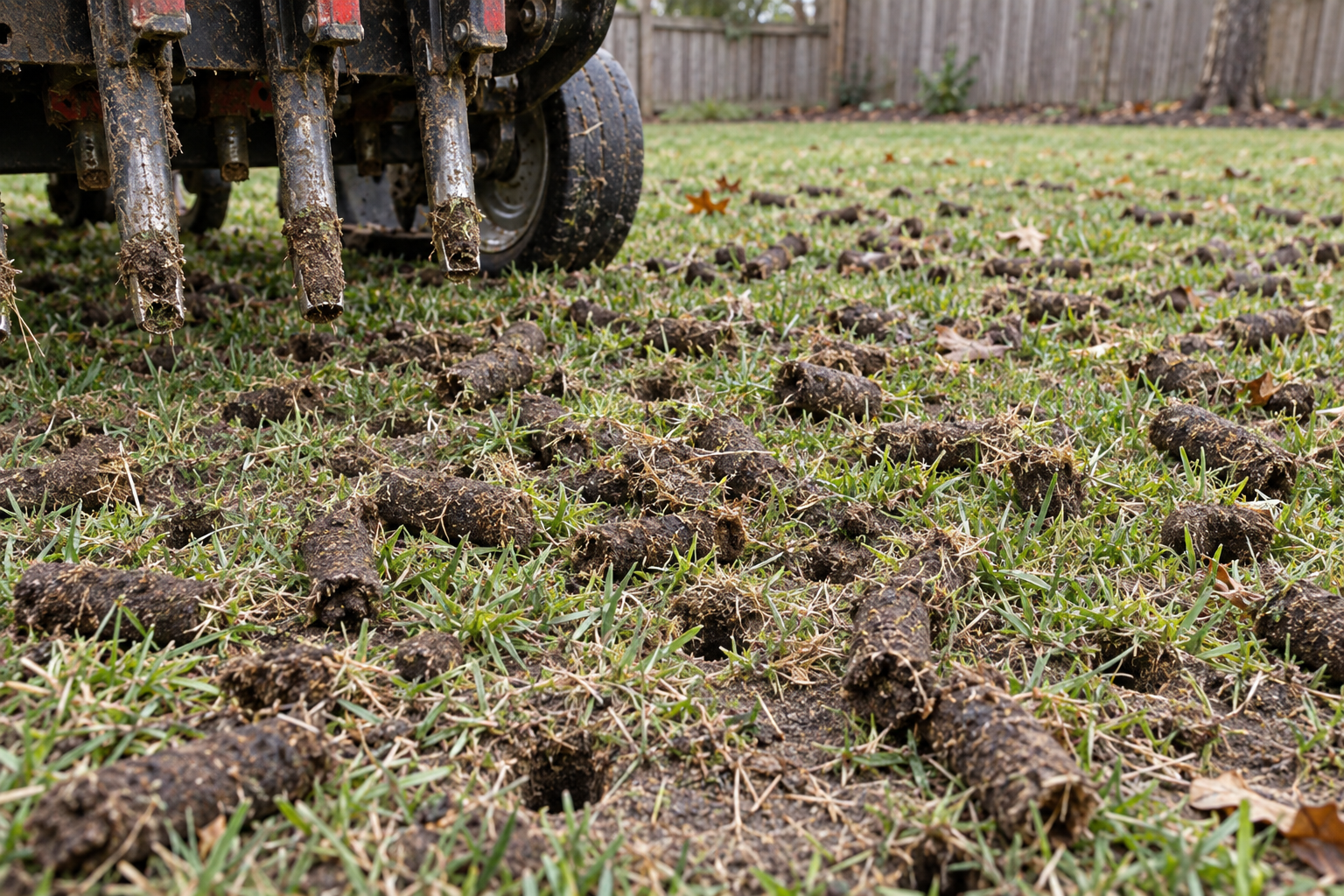 Soil plugs lying on a lawn after core aeration