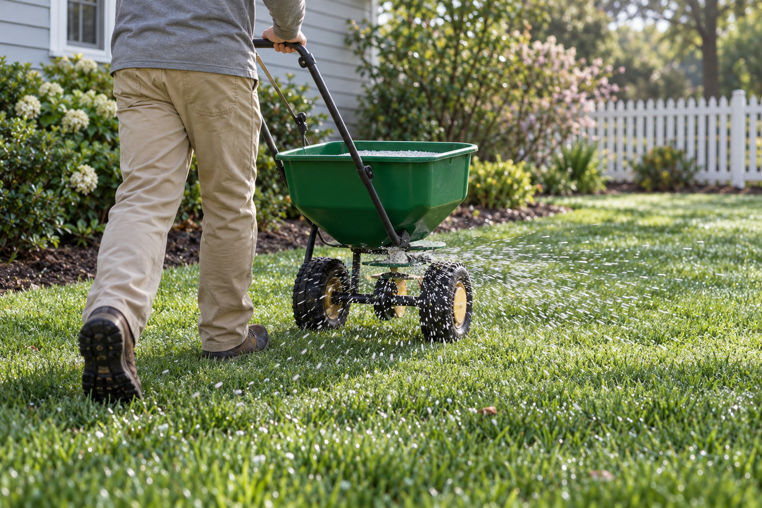 A broadcast spreader throwing granular fertilizer across a lawn