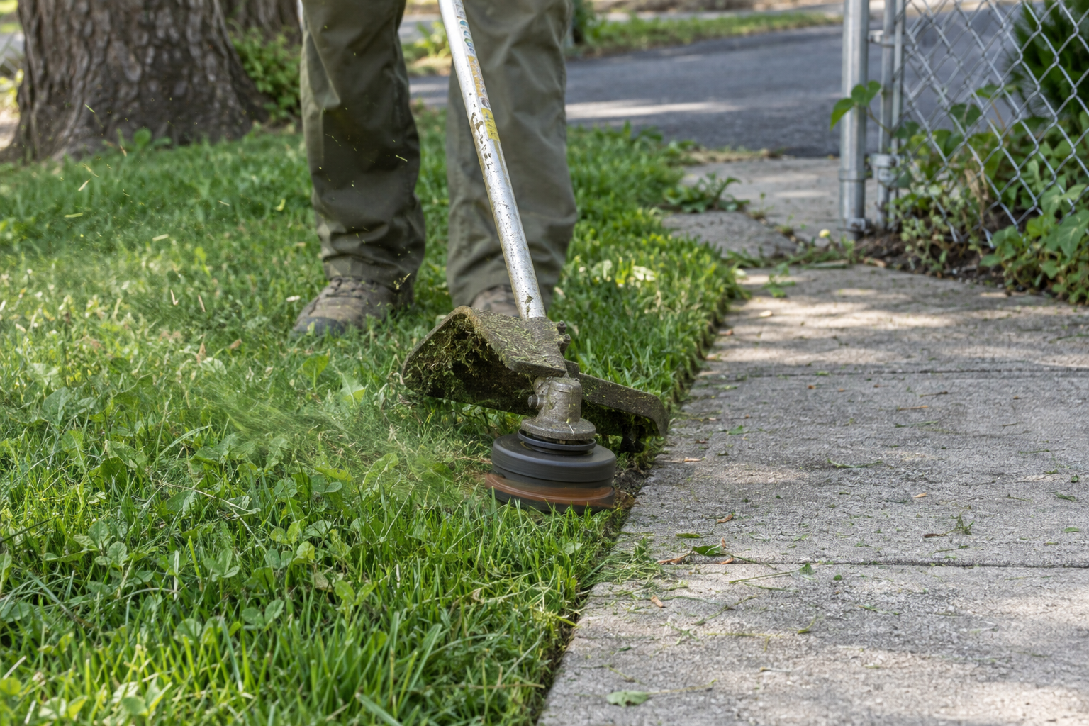 A string trimmer cutting the grass line along a concrete walk
