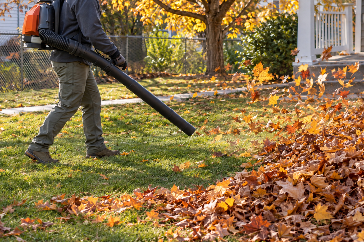 A backpack blower pushing fall leaves across a lawn