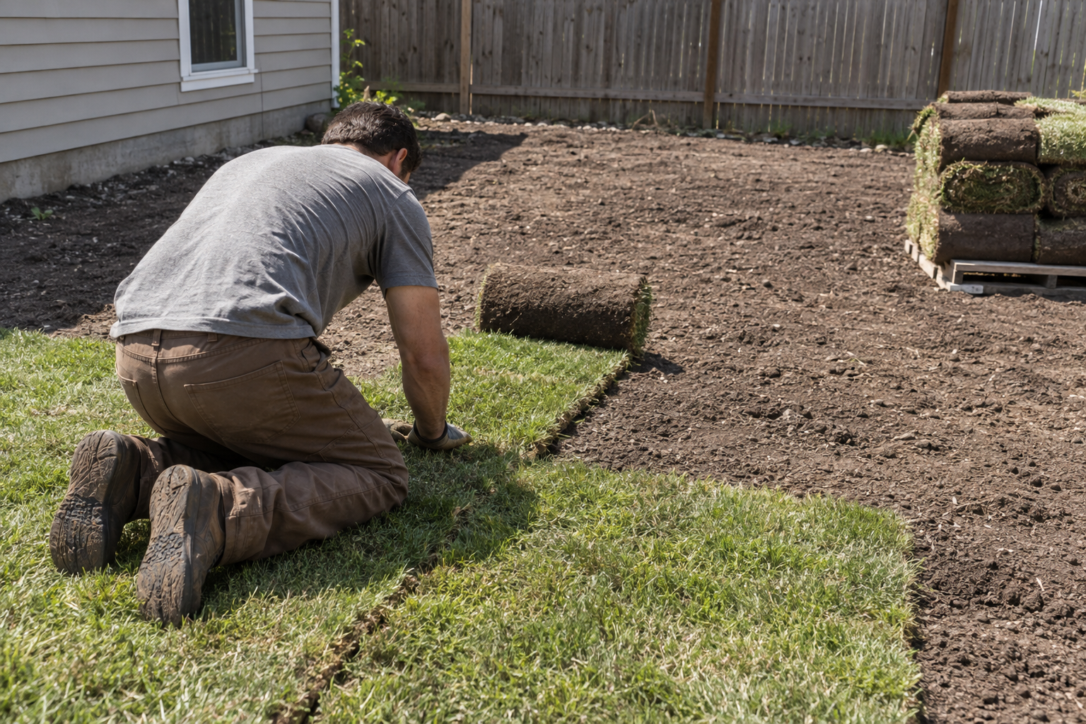Rolls of sod being laid in rows on graded soil