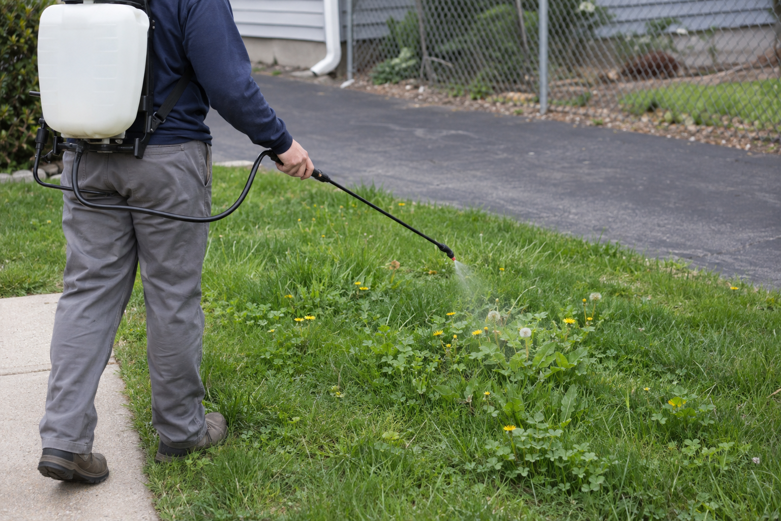 A backpack sprayer wand spot-treating dandelions in a lawn