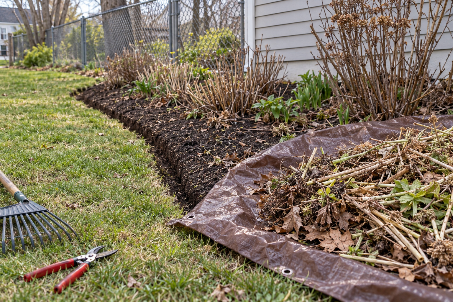 A freshly edged mulch bed with pruned debris piled on a tarp