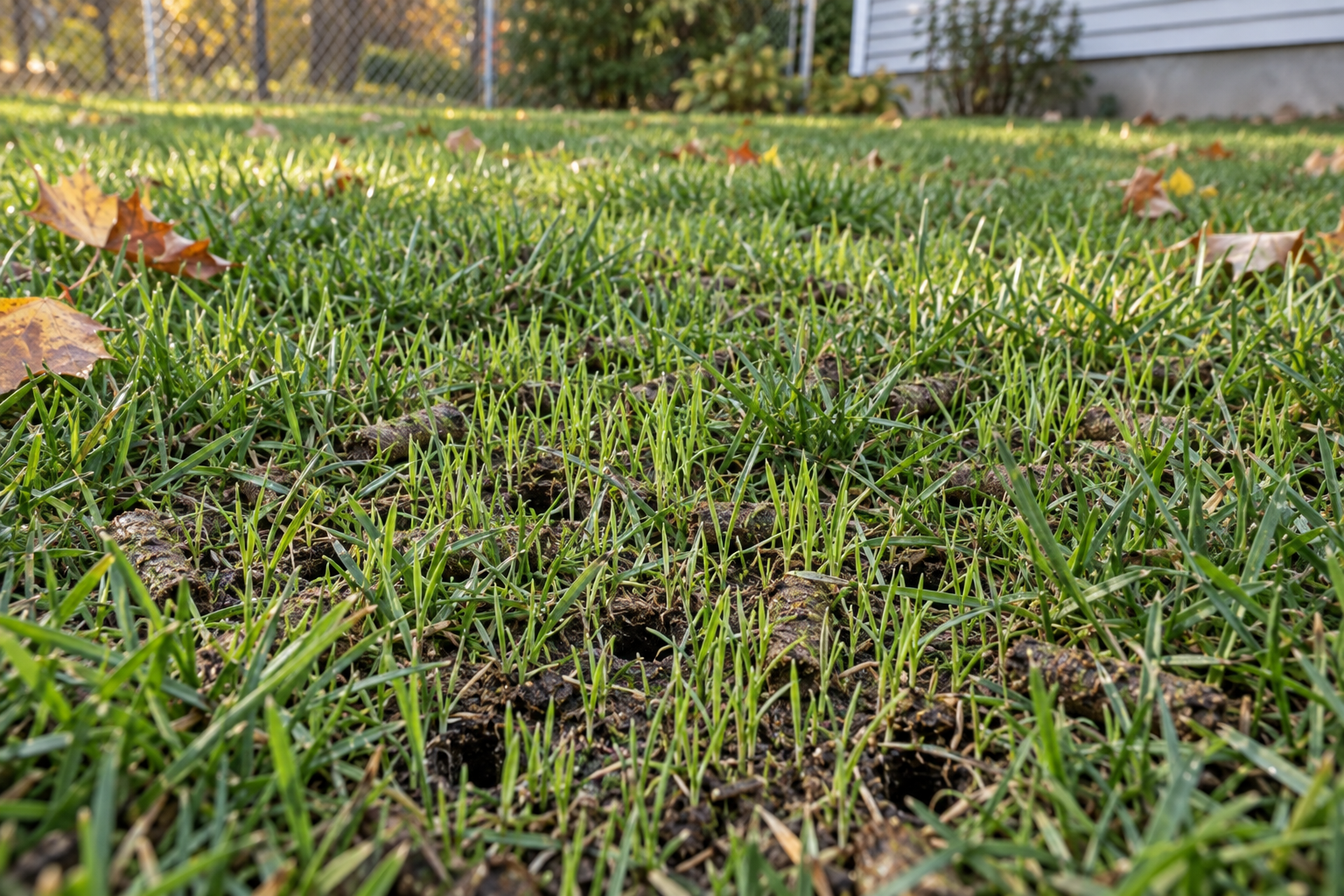 New grass seedlings filling in a thin lawn between aeration holes in early fall