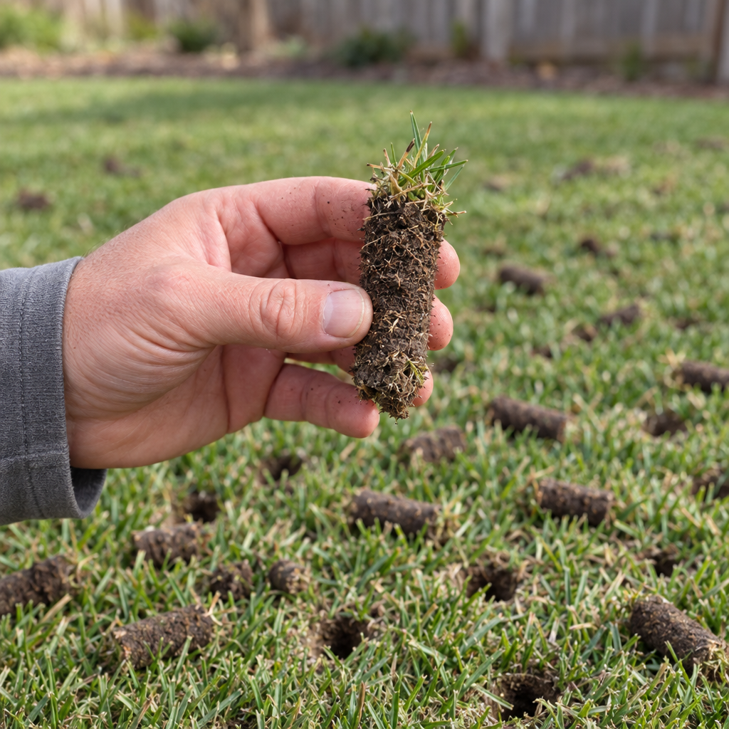 lawn aeration core plugs on a Providence lawn