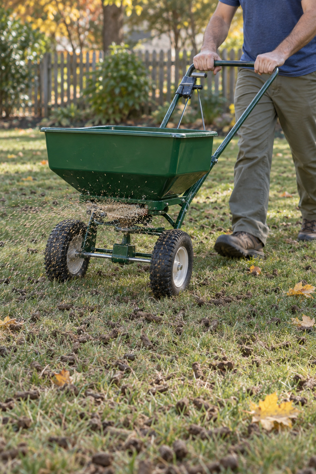 Grass seed broadcast from a spreader over freshly aerated turf on an early fall morning