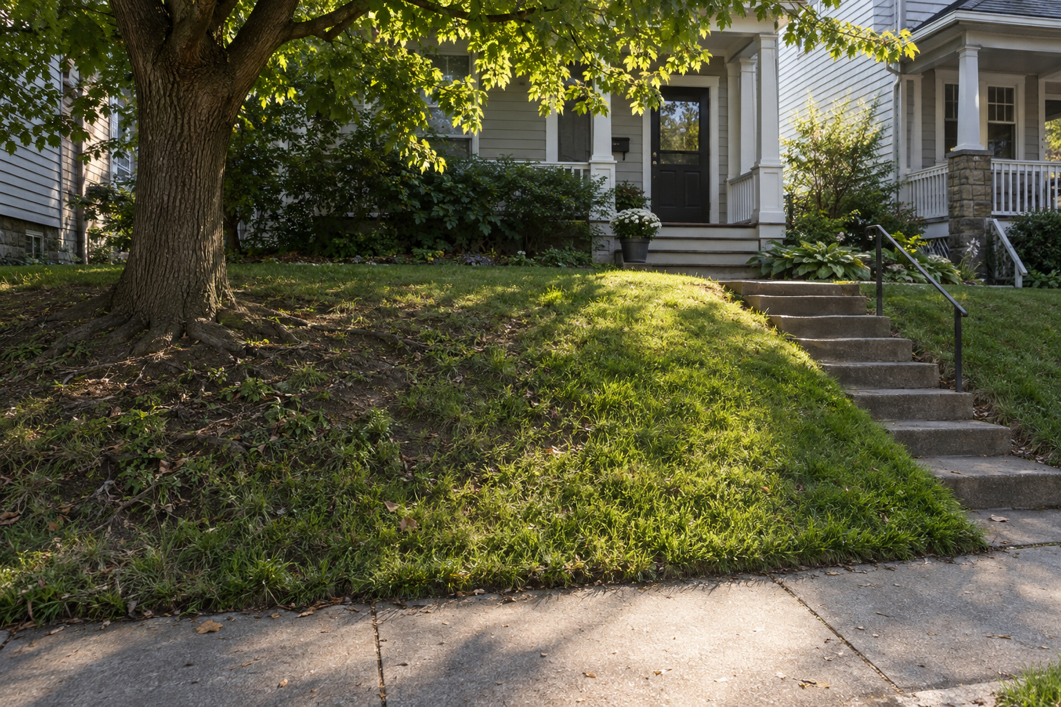 A small front lawn rising in a steep bank to an older house, half in shade under a large tree