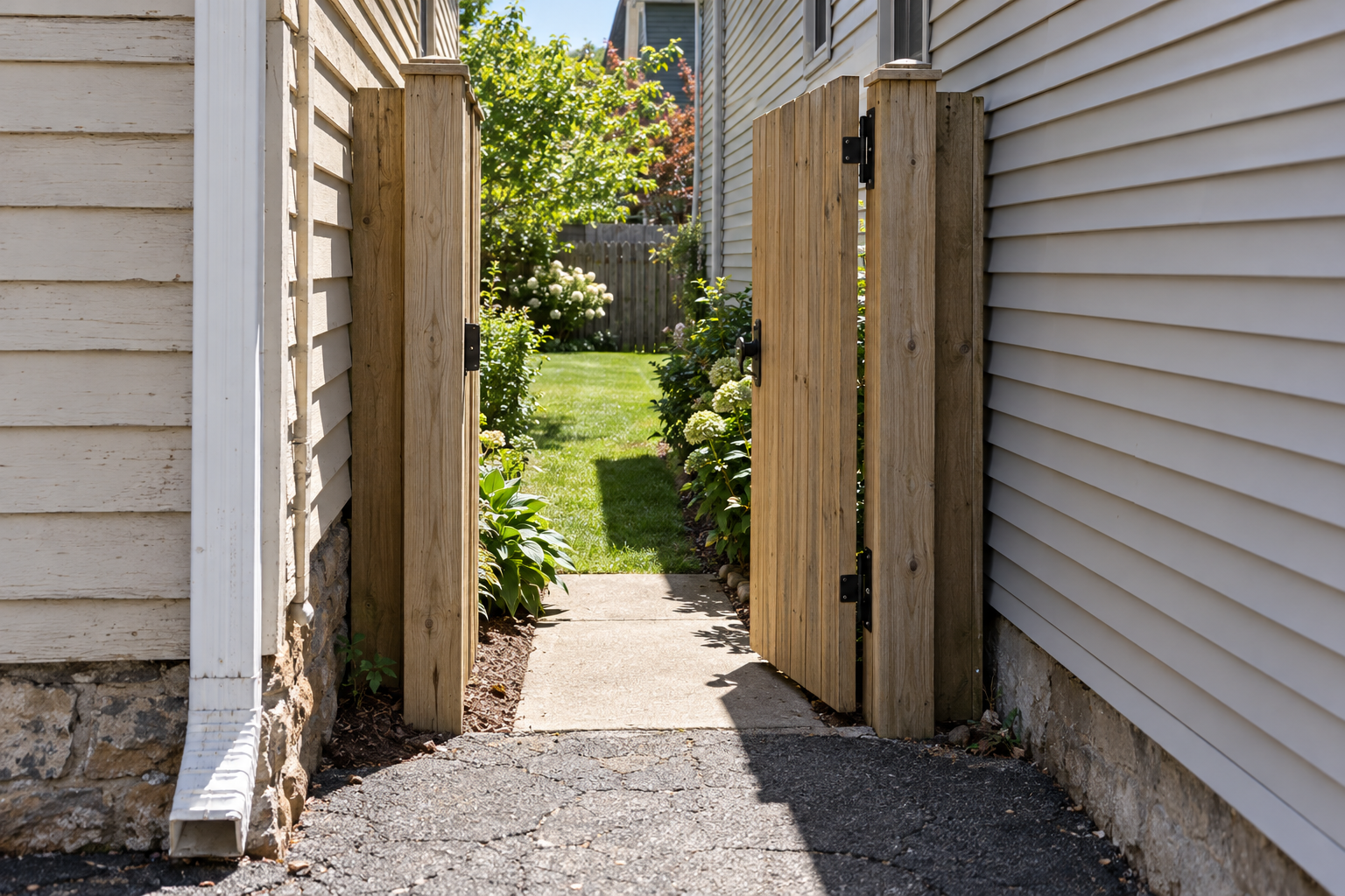 A narrow wooden side gate open between two close-set houses onto a small back lawn