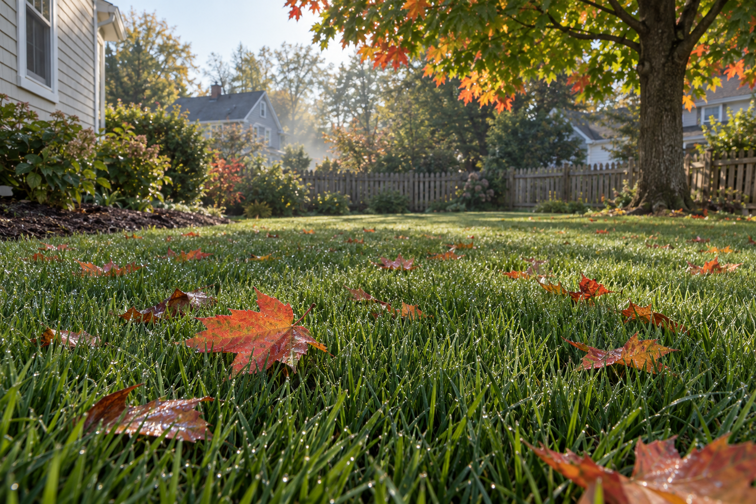 A thick lawn on an early fall morning under a maple just starting to turn, the start of the fall lawn care season