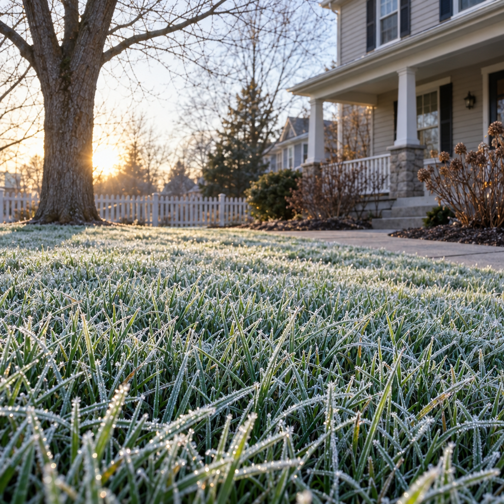 A lawn cleared of leaves in late fall with frost on the grass under a bare maple, ready for winter