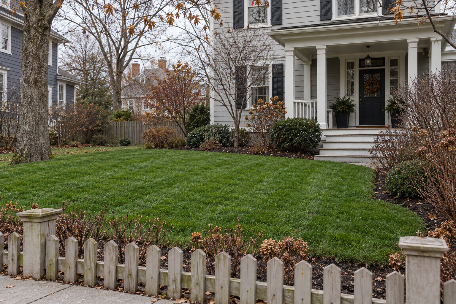 A thick green lawn in late fall beside bare shrubs and a clean, raked bed in the yard