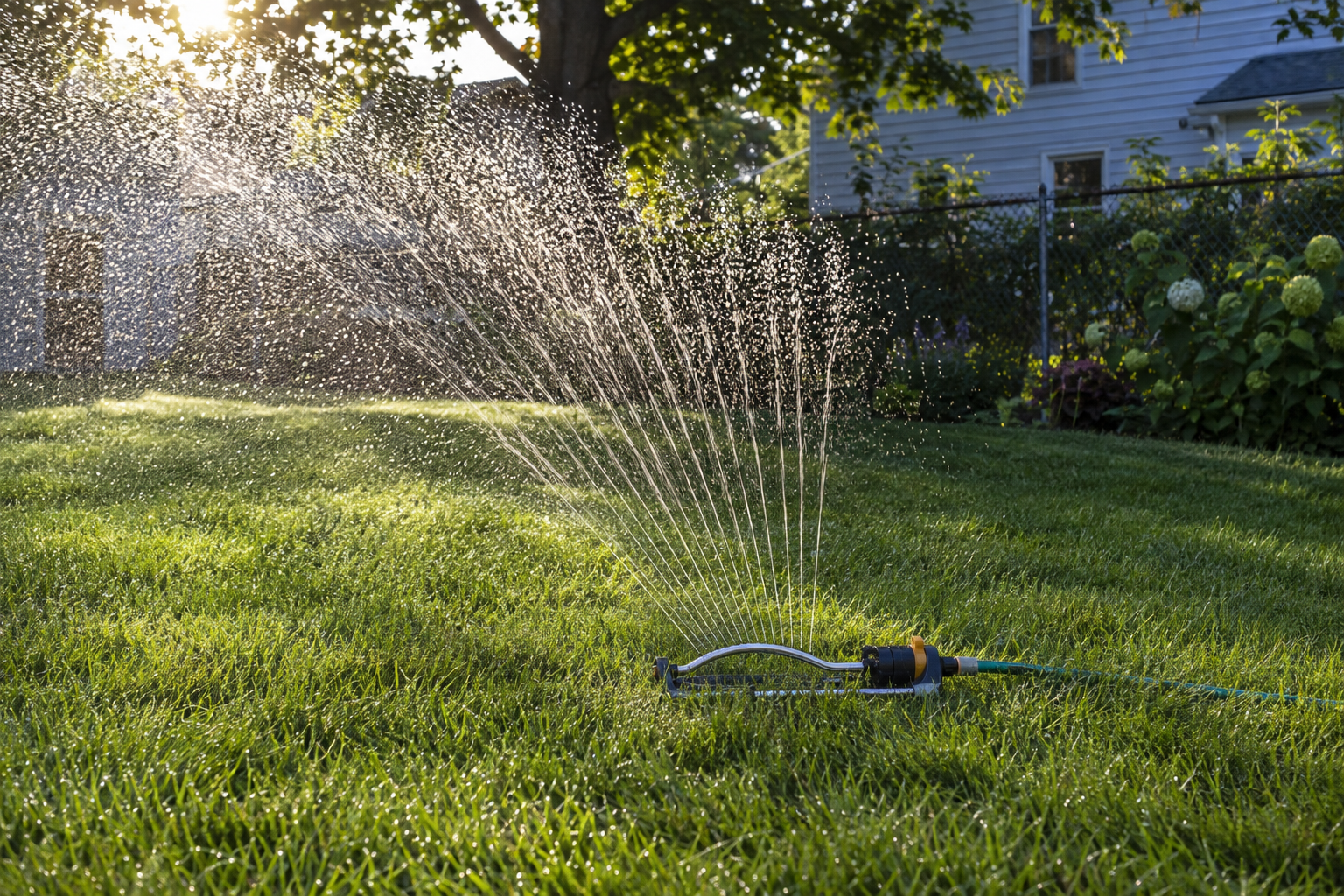An oscillating sprinkler watering a healthy green lawn in low morning sun after feeding