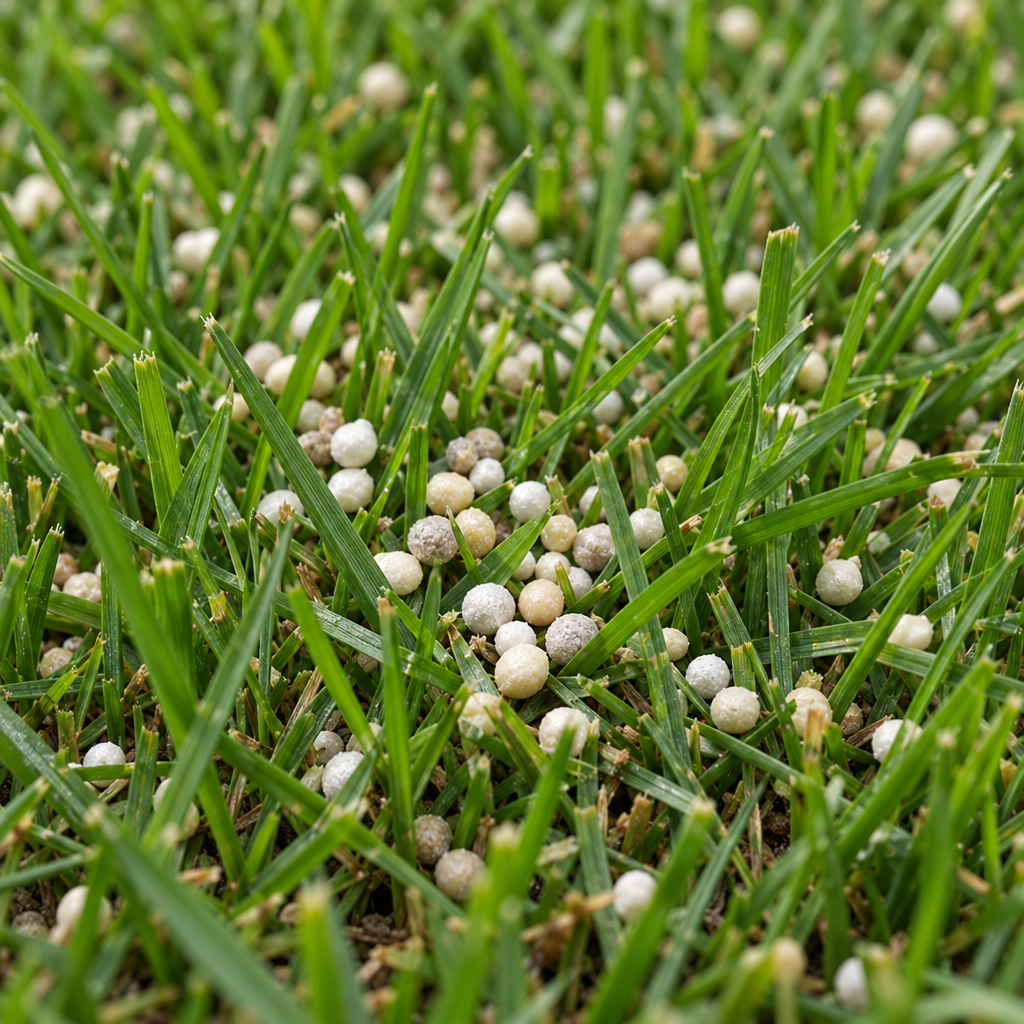 Slow-release lawn fertilizer granules resting on healthy grass blades after a fertilization round