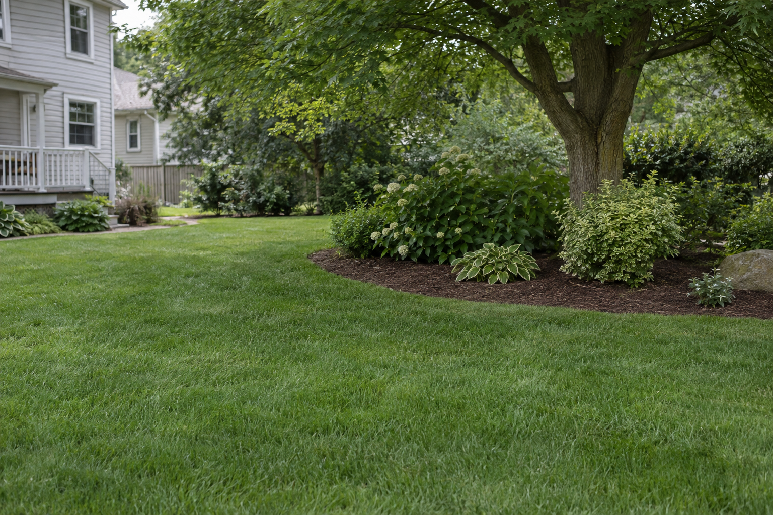 A thick, even cool-season lawn running up to a mulched bed under the shade of a mature tree