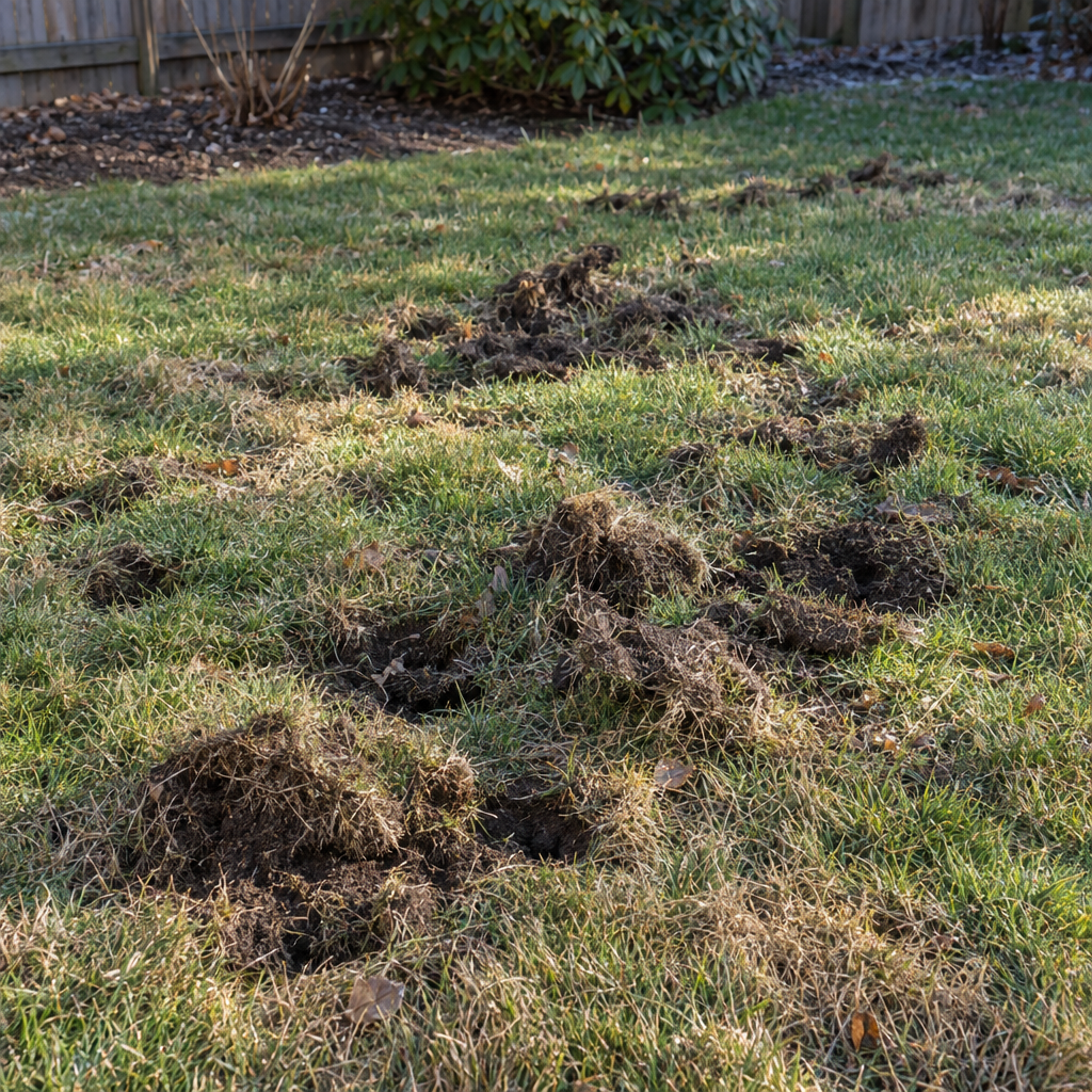 A lawn torn up in patches by animals digging, with clumps of turf flipped over and bare soil between them
