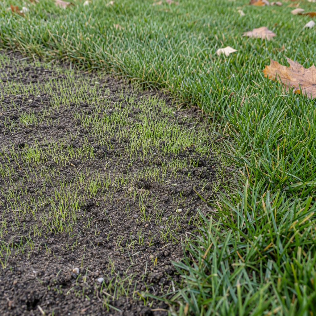 New grass seedlings coming up in a raked bare patch surrounded by established lawn