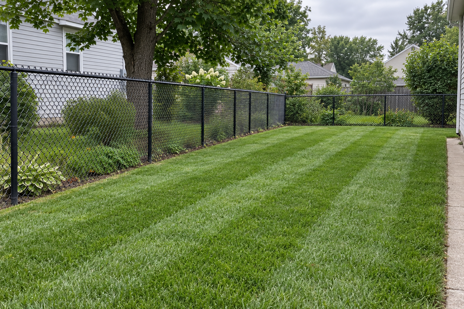 A back lawn mowed in straight stripes up to a chain-link fence
