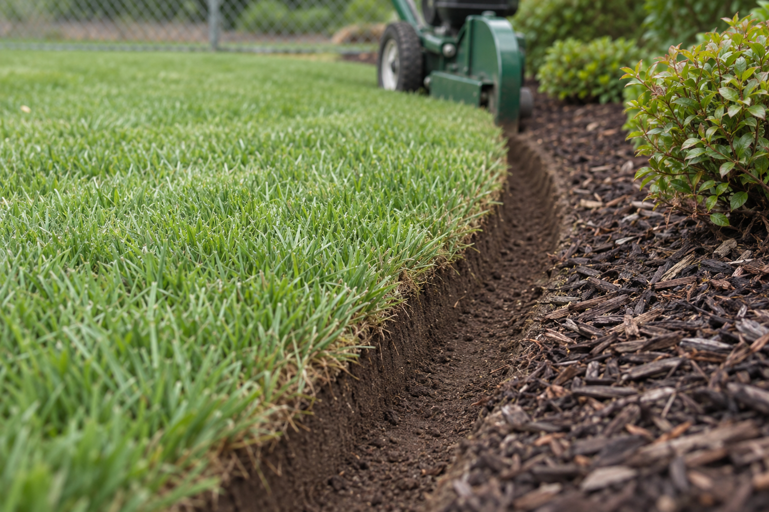 A clean edged groove where a mowed lawn meets a mulched bed