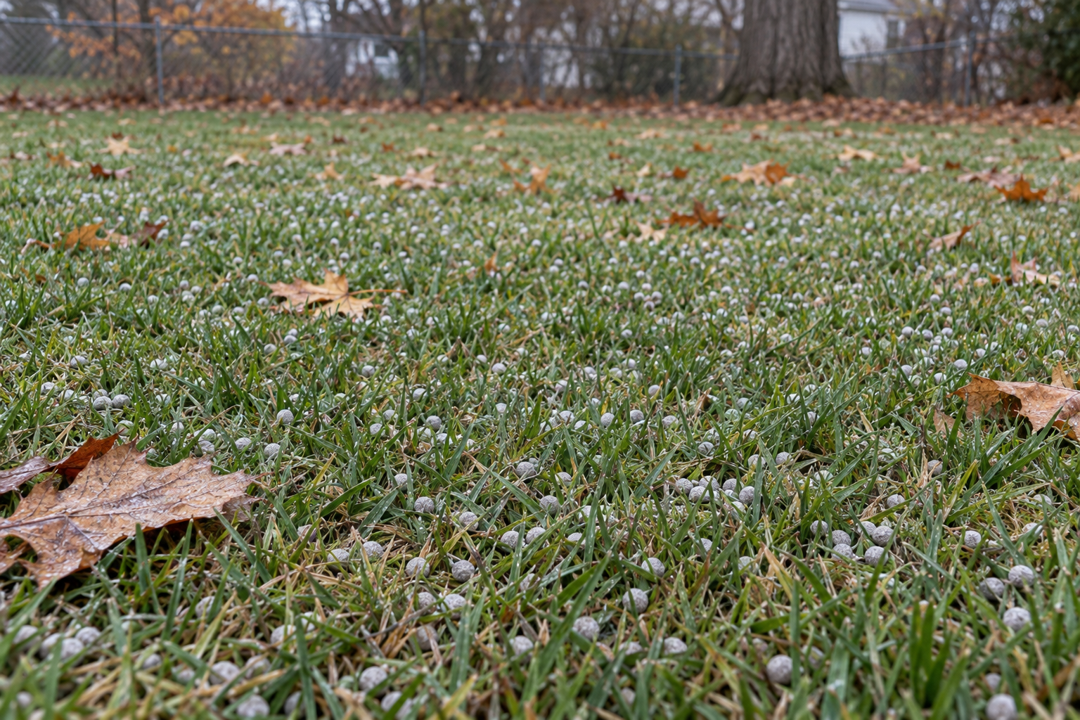 Pale grey pelletized lime scattered across a cool-season lawn on an overcast fall day