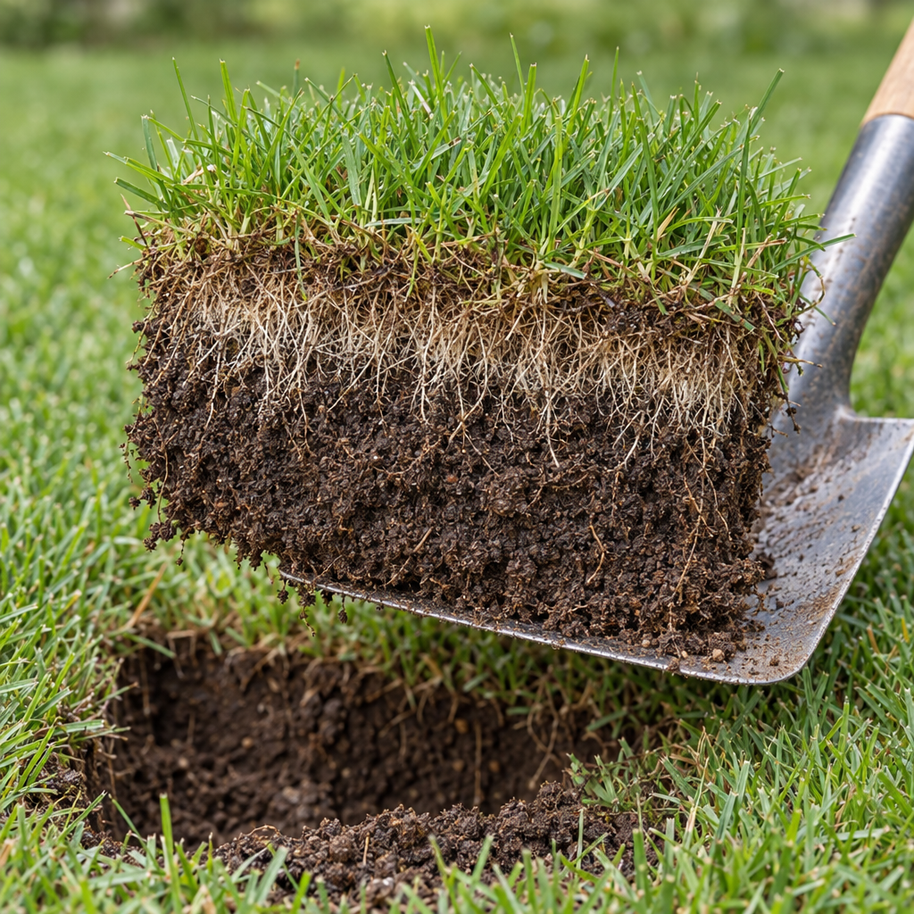 A spade-cut slice of lawn turf lifted from the ground, showing grass roots and dark topsoil