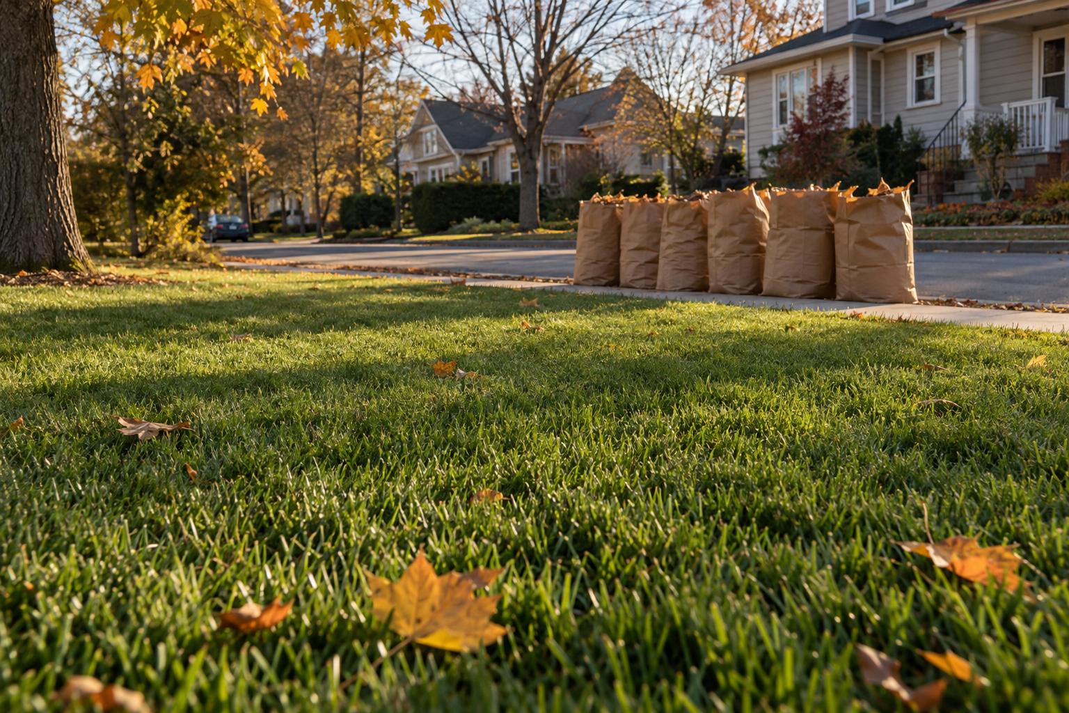A front lawn cleared of leaves with brown paper leaf bags lined up by the sidewalk
