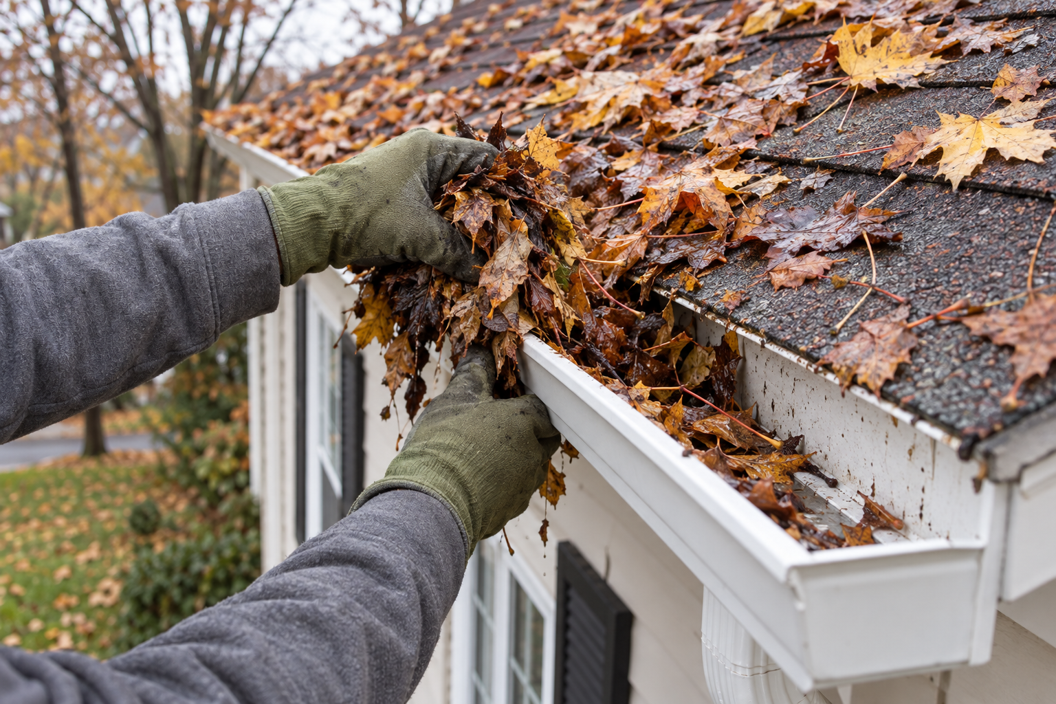 Gloved hands scooping wet maple leaves out of a house gutter