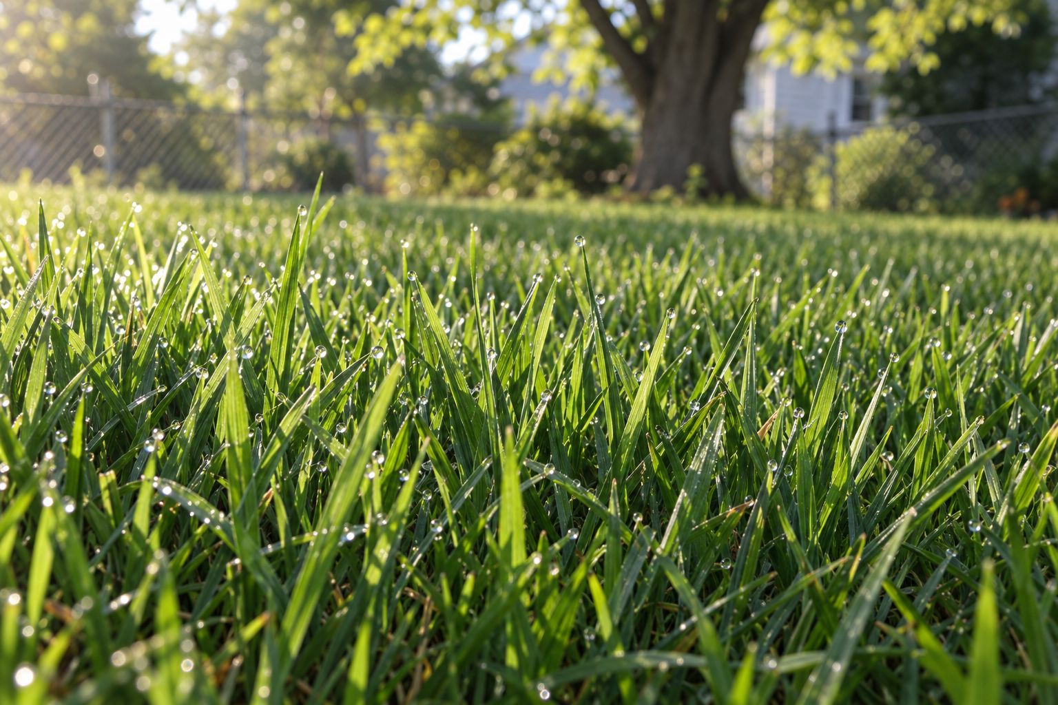 Dense cool-season lawn seen at ground level in early morning light, the blades standing tall and even