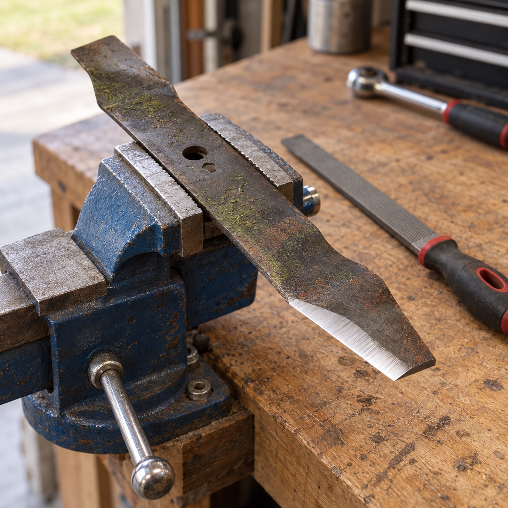 A rotary mower blade clamped in a bench vise with a freshly sharpened cutting edge