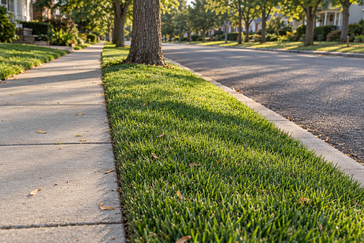 A freshly mowed grass strip between a sidewalk and the curb with a maple trunk in late sun