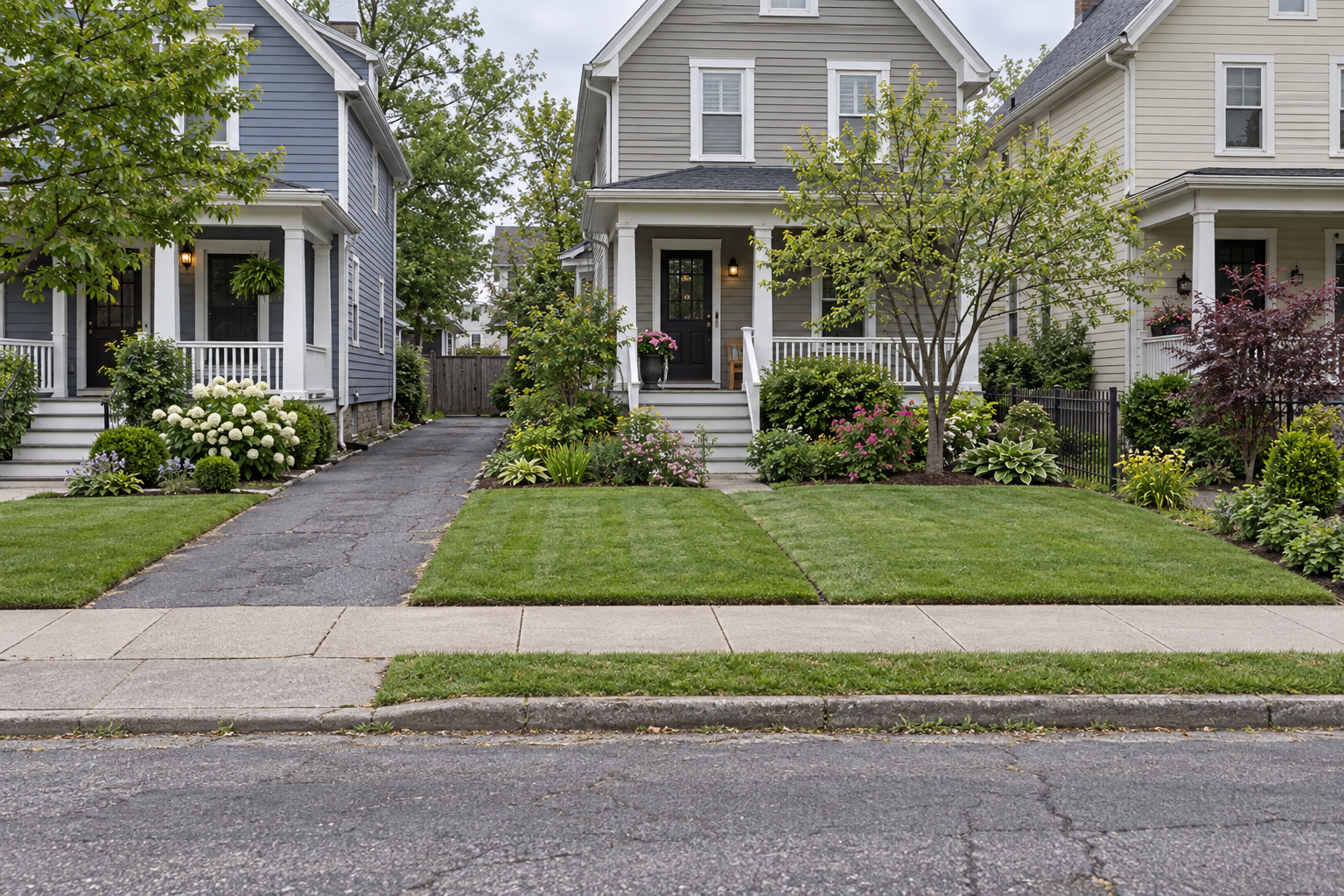 A row of small mowed front lawns behind a sidewalk on a street of older wood-frame houses
