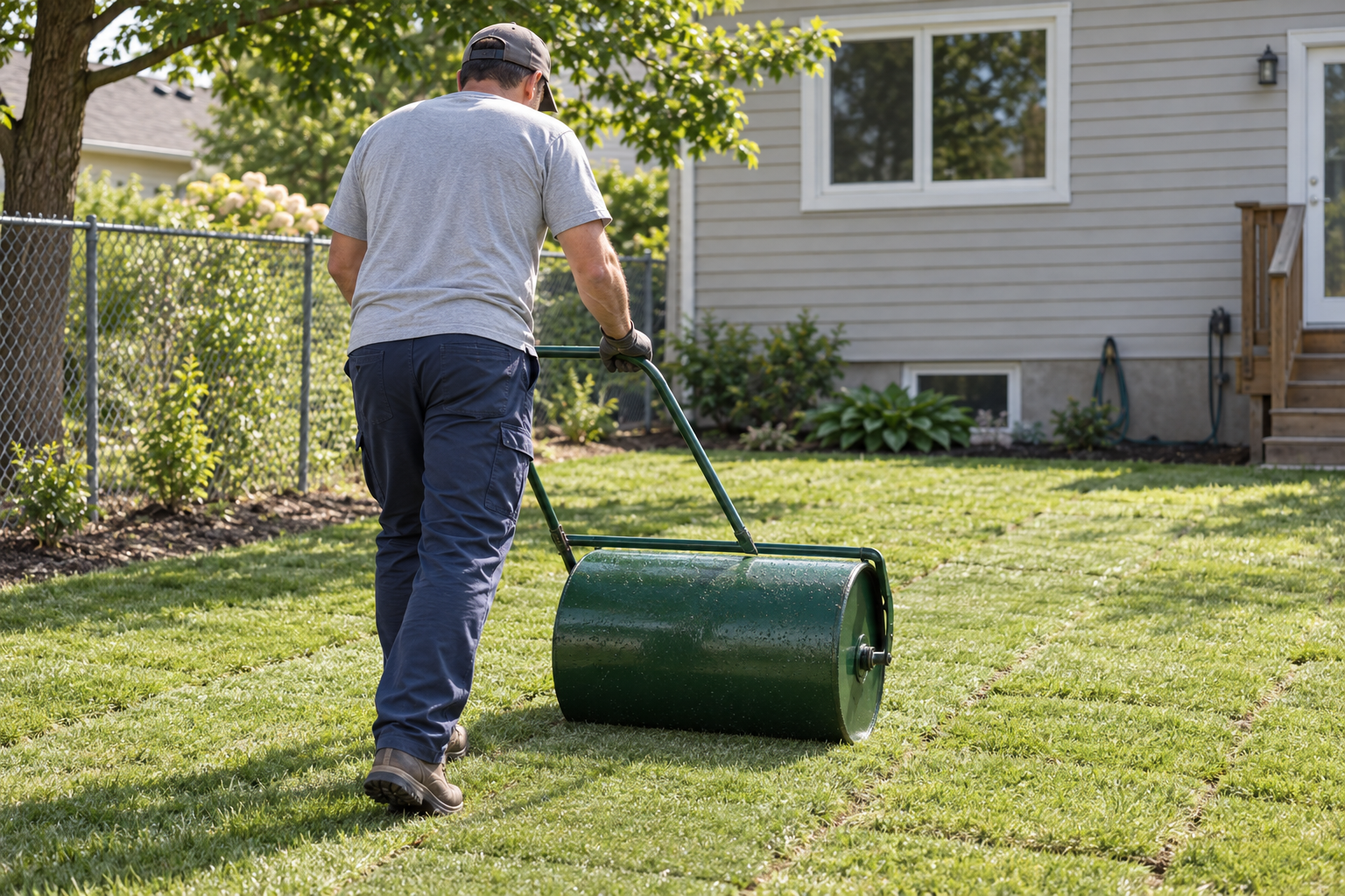 New sod installation in a Providence back yard, a lawn roller pushed across the fresh rows