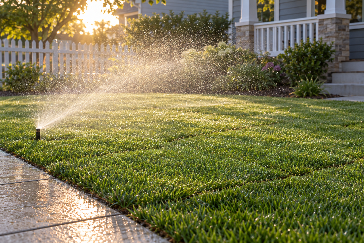 Watering new sod in Providence: a sprinkler misting a freshly laid sod lawn at evening