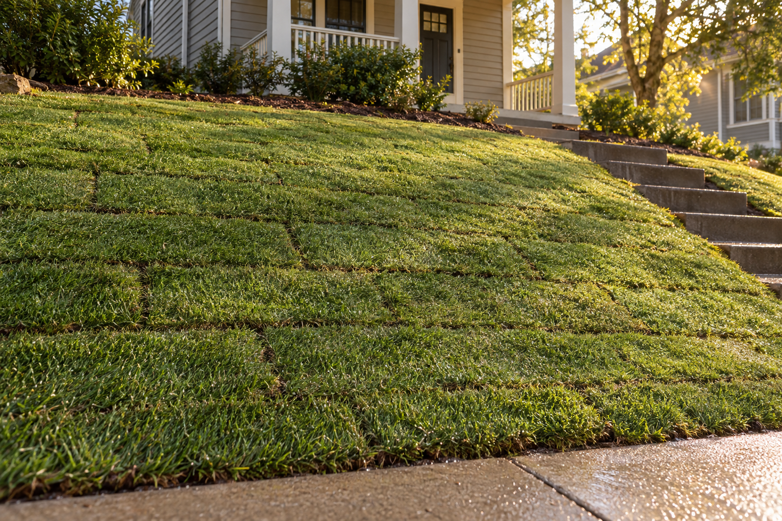 Fresh sod laid in staggered rows across a sloped front yard